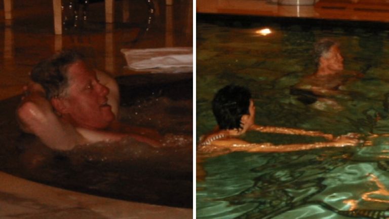 Photos of Bill Clinton in a pool with Ghislaine Maxwell in one photo, and in a hot tub with an unidentifiable woman in another. Pics: US Department of Justice