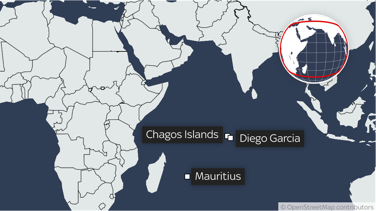 The Chagos Archipelago is in the Indian Ocean but became separated from Mauritius in the 1960s.
Map: OpenStreetMap