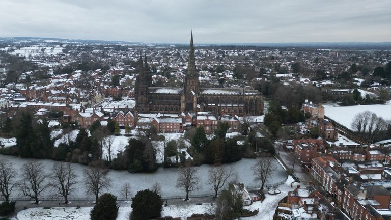 Wintry scenes in the cathedral city of Lichfield, Staffordshire. Storm Goretti continues to batter the UK with tens of thousands of Britons 