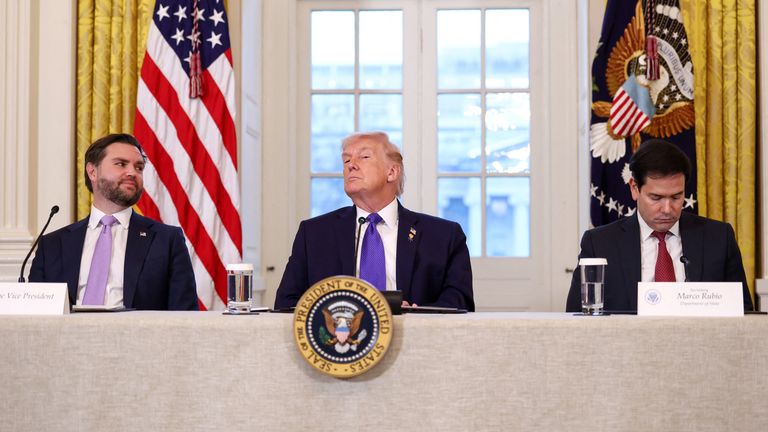 Mr Trump, Vice President JD Vance and secretary of state Marco Rubio on Friday. Pic: Reuters. 