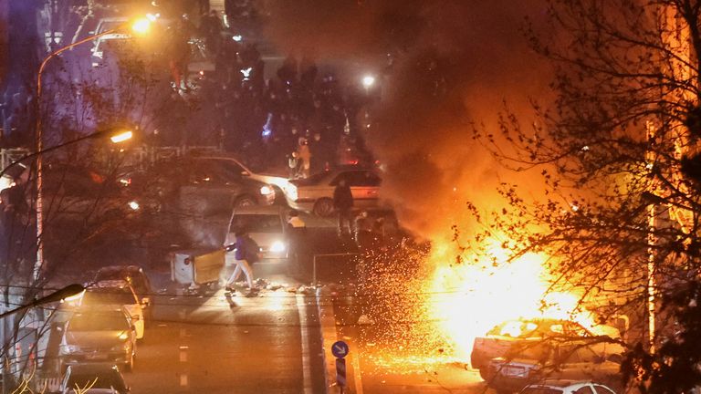 Fire engulfed a street in Tehran on 8 January. Pic: Reuters/WANA.