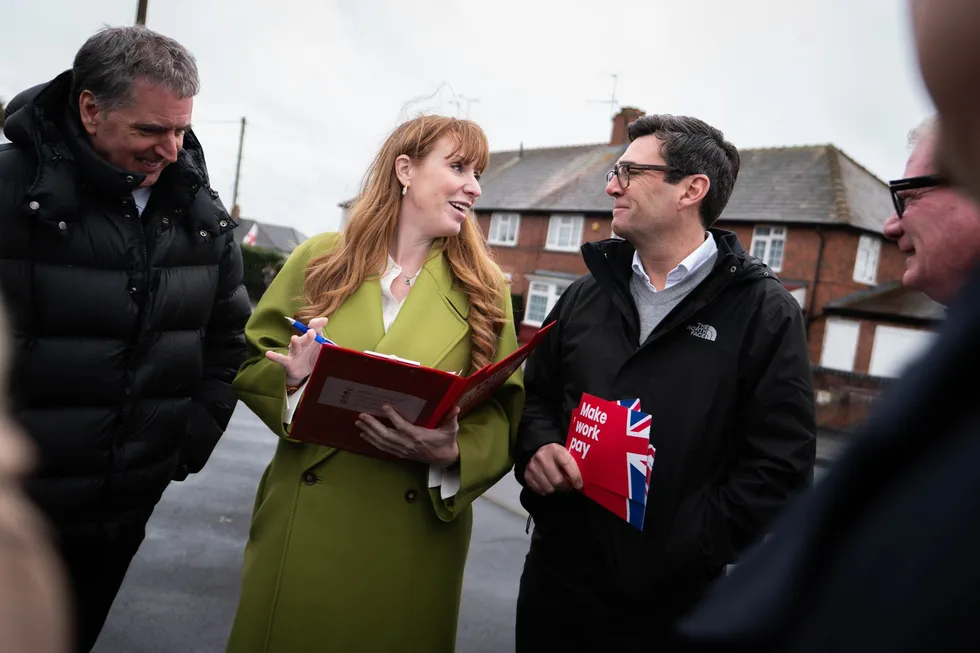 Andy Burnham and Angela Rayner campaigning together in March 2024