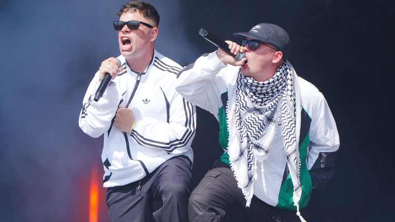 Kneecap's Mo Chara and Moglai Bap on Stage at Glastonbury. Pic: PA