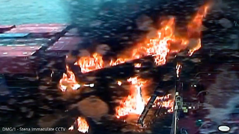 A huge blaze rages on the Solong and Stella Immaculate after the crash. Pic: Humberside Police
