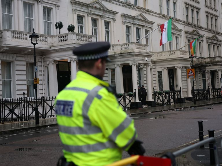 A police officer outside the Iranian embassy in London on Tuesday. Pic: Reuters