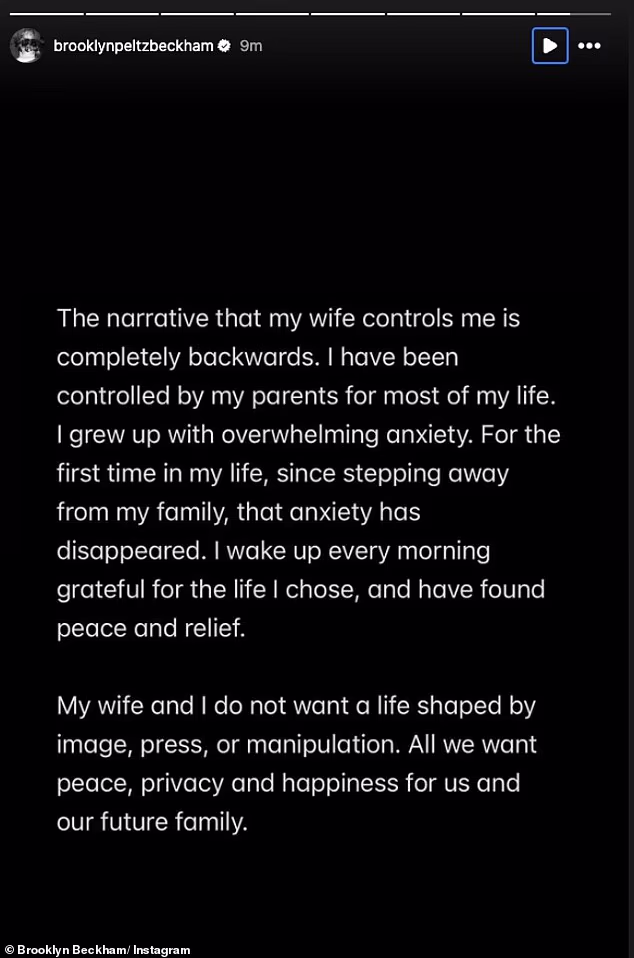 'The narrative that my wife controls me is completely backwards. I have been controlled by my parents for most of my life', he went on