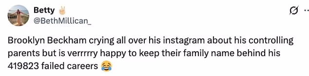 Despite the numerous accusations in his explosive statement, followers accused him of being a 'spoilt brad' and 'never working a day in his life' who owed everything to the Beckham name