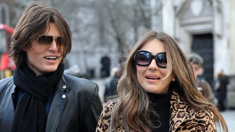 Liz Hurley leaving court with her son Damian Hurley in the first week of the trial. Pic: Reuters