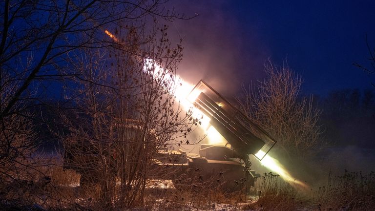 Ukrainian troops fire a missile towards Russian army positions in the Donetsk region. Pic: AP
