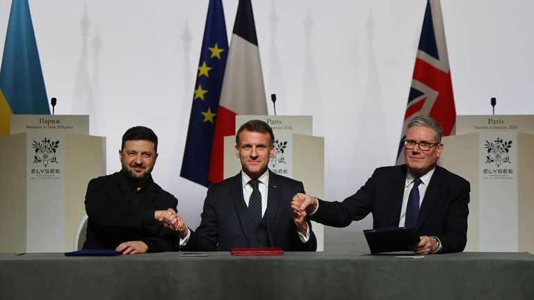 (L-R) Volodymyr Zelenskyy, Emmanuel Macron and Sir Keir Starmer meet in January 2026. Pic: AP
