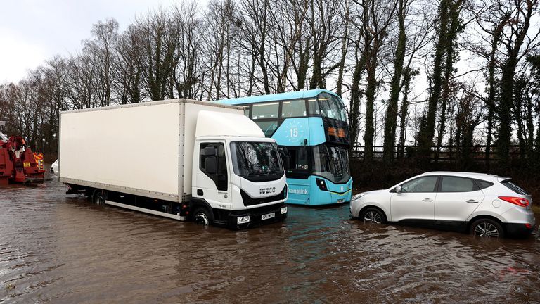 Vehicles stranded in Antrim, Northern Ireland, during Storm Chandra last month. Pic: Reuters
