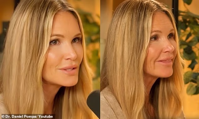 Elle Macpherson has been busted heavily editing her pictures. The Aussie supermodel, 61, shared a very airbrushed image of herself to her stories as she promoted an appearance on the Dr Pompa Podcast, left. She is seen in a video promoting the sit-down, right