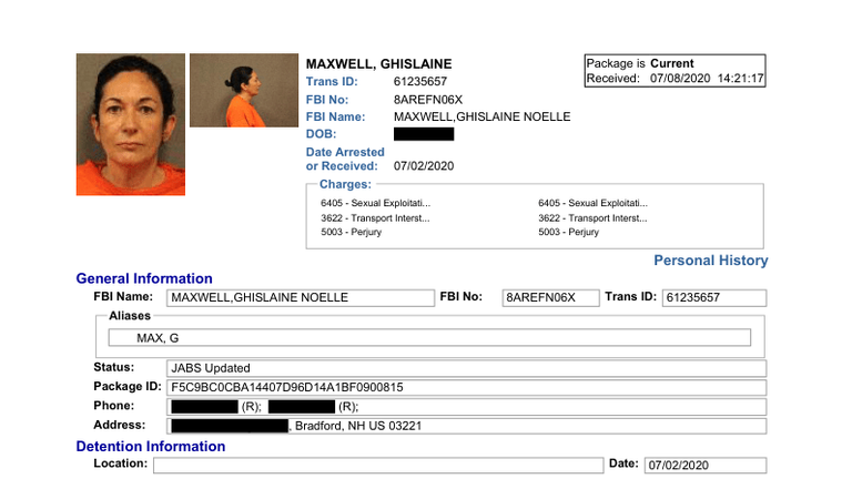 Ghislaine Maxwell's police booking intake form