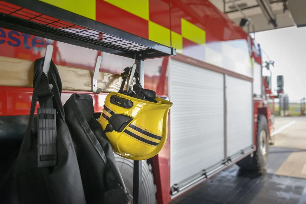 Fire engine and helmet