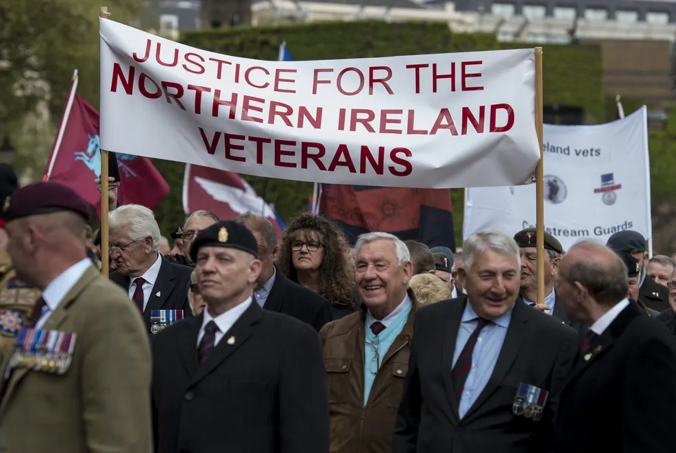 Protesters at a military veterans' rally at Horse Guards Parade in London, organised by Justice for Northern Ireland Veterans