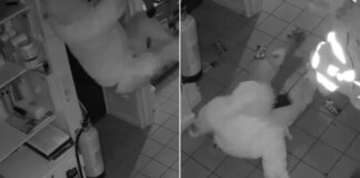 Watch the moment clumsy burglar falls FOUR times while trying to escape break-in