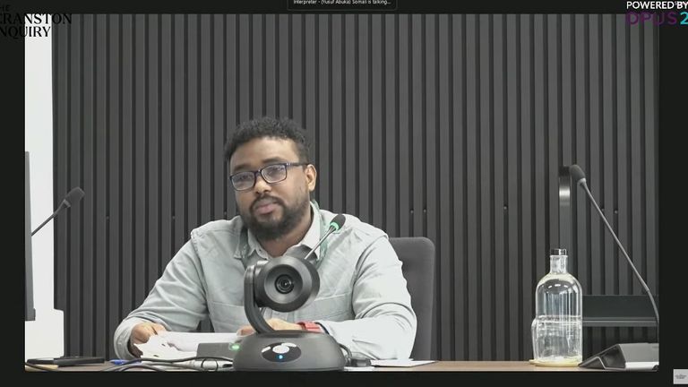 Issa Mohamed Omar giving evidence to the inquiry. Pic: The Cranston Inquiry /PA