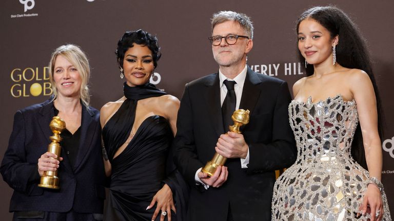 Sara Murphy, Teyana Taylor, Paul Thomas Anderson and Chase Infiniti at the Golden Globes. Pic: Reuters