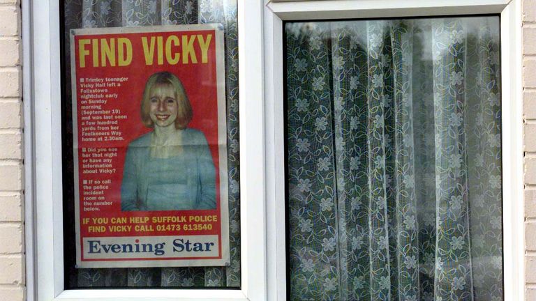 A poster asking for information about the disappearance of Victoria Hall in the window of a house in Felixstowe. Pic: PA