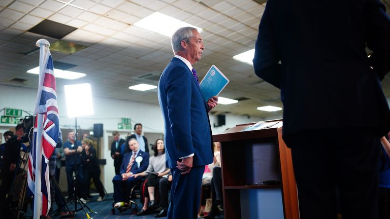 Reform UK leader Nigel Farage in Merthyr Tydfil on the general election campaign trail in June 2024. Pic: PA
