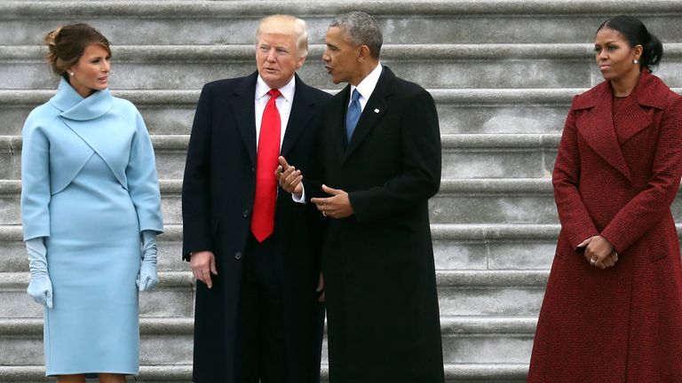 The Trumps and the Obamas in 2017. Pic: Reuters