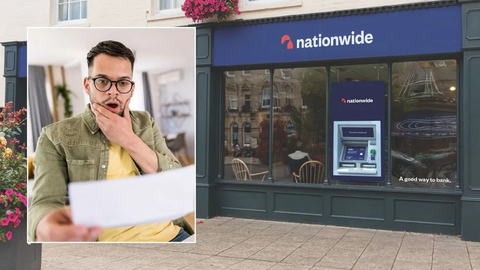 Nationwide Building Society branch and shocked man