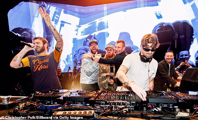 The 6ft5in athlete excitedly embraced San Francisco 49ers tight end George Kittle and retired NFL tight end Rob 'Gronk' Gronkowski while onstage