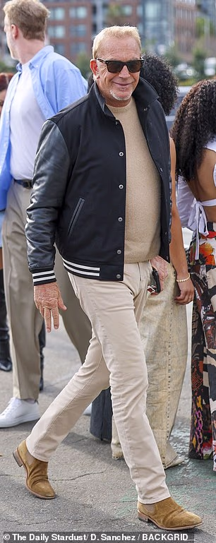 Two-time Oscar winner Kevin Costner rocked sunglasses and wore a black letterman jacket