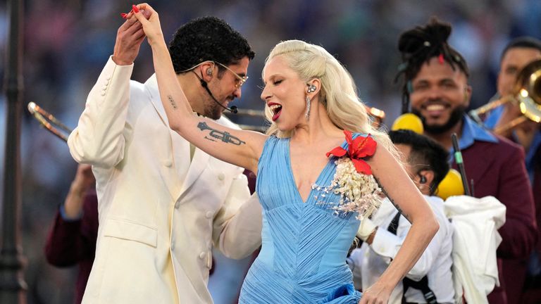 Lady Gaga performing alongside Bad Bunny. Pic: Imagn Images/Reuters