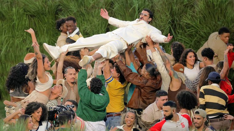 Bad Bunny performs during the halftime show. Pic: Reuters