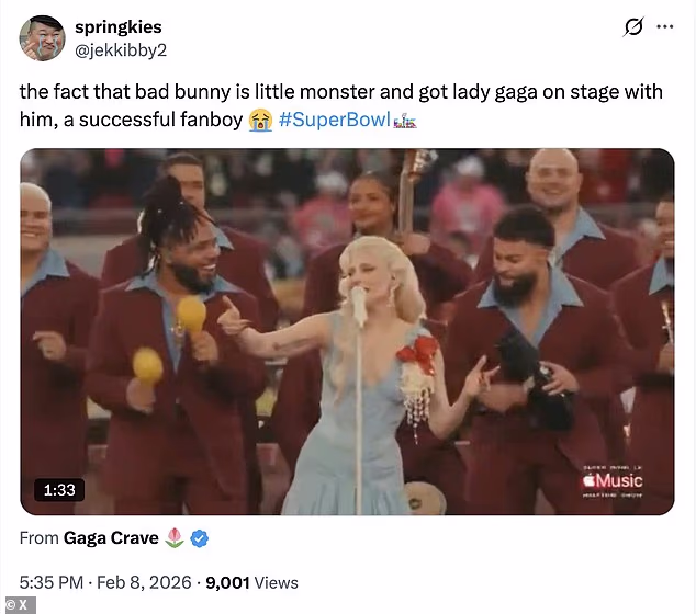 Another fan said 'bad bunny and Gaga’s relationship is the cutest thing ever,' and another gushed about how Bad Bunny was a 'little monster,' the term for Gaga's superfans