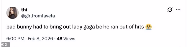 But a less impressed fan theorized that 'bad bunny had to bring out lady gaga bc he ran out of hits'