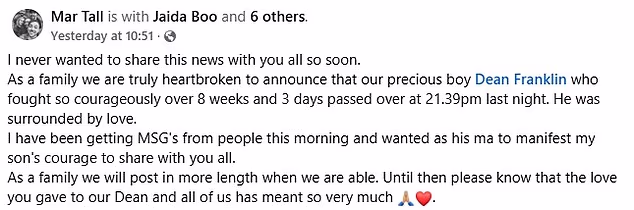 Taking to Facebook, Dean's family announced the heartbreaking news, writing: 'I never wanted to share this news with you all so soon'