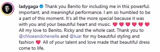 Gaga, who previously headlined the Super Bowl halftime show in 2017, took to Instagram after the performance to share a heartfelt message to Bad Bunny