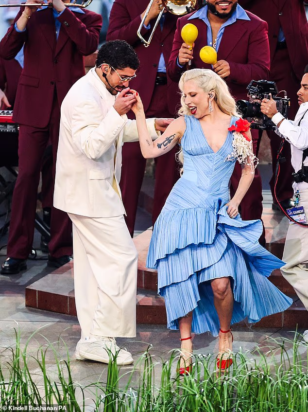 Bad Bunny and Gaga salsa danced together during Die With A Smile, which she released in 2024 as a collaborative single with Bruno Mars