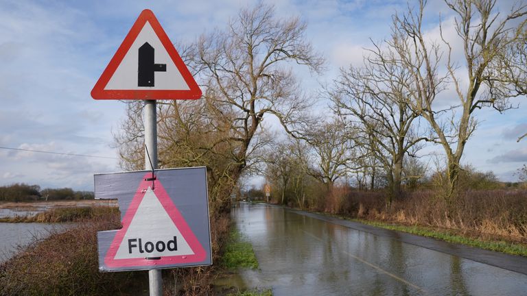 A flood warning sign on a flooded road in Mountsorrel in Leicestershire. Pic: PA