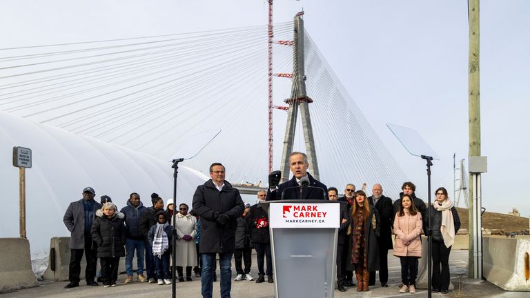 Mark Carney speaking by the bridge in February last year. Pic: Reuters