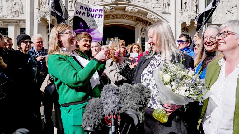 Susan Smith and Marion Calder celebrating outside the Supreme Court last April. Pic: PA