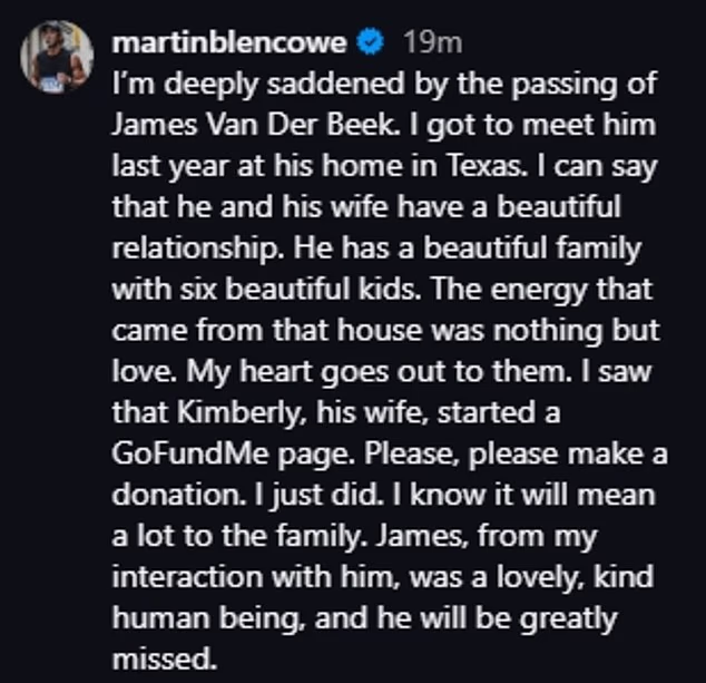 'I'm deeply saddened by the passing of James Van Der Beek. I got to meet him last year at his home in Texas,' he recalled