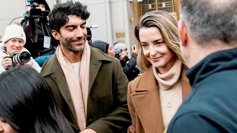 Justin Baldoni attended the hearing with his wife, Emily. His lawyers says Lively's allegations are 'completely false'. Pic: Reuters