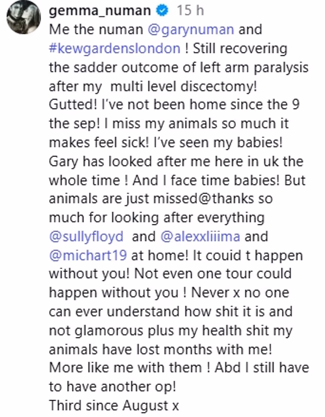 In her candid post, Gemma said the surgery was one of three operations she has undergone since August, and that she still faces another