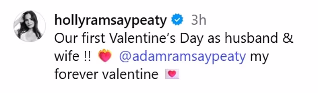 Holly Ramsay shared a heartfelt tribute to her husband Adam Peaty as the couple marked their first Valentine's Day together as a married couple