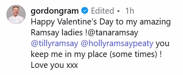 Gordon shared his own Valentine's Day post for his wife Tana and daughters Holly and Tilly, 24
