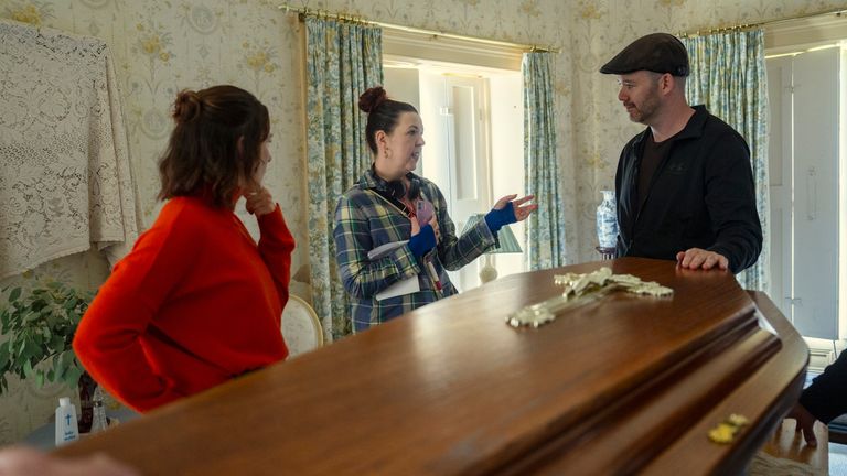 Roisin Gallagher (L), creator Lisa McGee and director Michael Lennox during the filming. Pic: Netflix