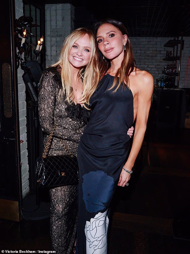 Victoria reunited with fellow Spice Girls star Emma Bunton, who wowed in a black plunging lace gown