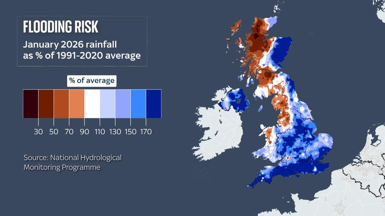 Parts of Northern Ireland and England had their wettest January on record