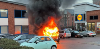 Lidl car park engulfed in flames after vehicle erupts into raging inferno