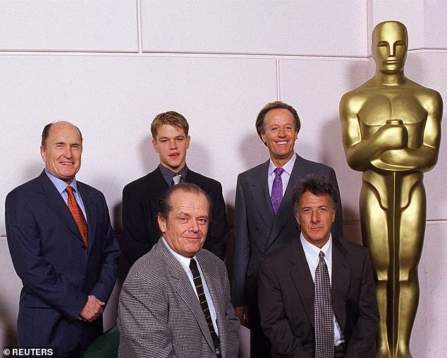 From left, back row, Robert, Matt Damon, Peter Fonda. Front row: Jack Nicholson and Dustin  posing in the Best Actors category for the Oscars in 1998