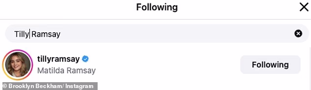 Curiously, the cooking influencer still follows Gordon Ramsay's wife Tana, daughter Tilly and young son Oscar