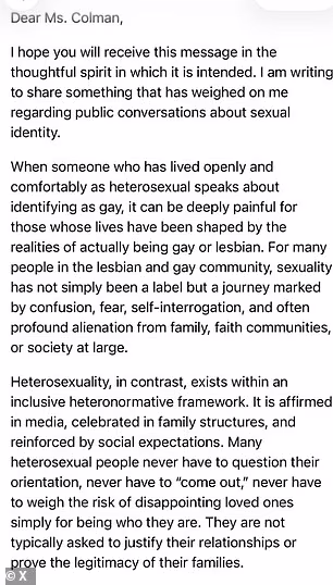 Sharing a two page response to Colman on social media, The Fantastic Lesbians described her words as 'deeply painful for those whose lives have been shaped by the realities of actually being gay or lesbian'